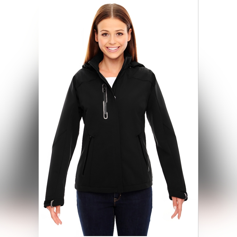 Women's Black Soft Shell Jacket With Print Graphic Accents